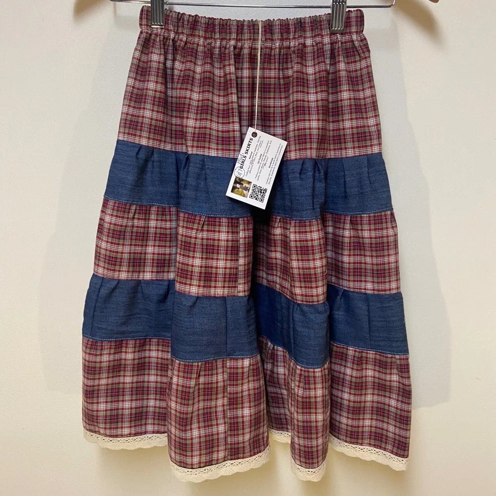 Girls Midi Mom and Pop's Kids Patchwork Skirt 6/7 Red Plaid Denim Lace Western